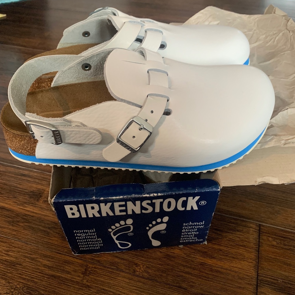 NIB 37 Birkenstock Kay Professional white/blue Leather Mules/Clogs. Size 6